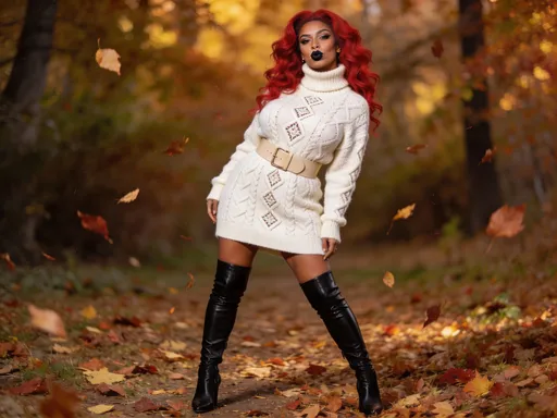 Prompt: Dressed in a cozy light white knitted sweater dress featuring a high turtleneck and pattern detailing, the Gorgeous 35-year-old olive-skinned Hungarian drag queen (with dark lipstick, large busom, & bright red hair) exudes warmth and style against an autumnal backdrop. A chic beige belt accentuates her waist, adding a touch of sophistication to her look. She pairs the dress with sleek over-the-knee black boots that elongate her legs, while her wavy hair cascades effortlessly over her shoulders. The earthy tones of fallen leaves scattered on the ground complement the scene, suggesting a cool, crisp day, perfect for outdoor outings. Her playful pose and subtle pout convey a confident, carefree spirit, inviting warmth amidst the chilly setting.