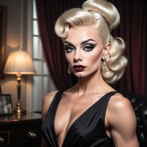 Prompt: photorealistic, (old Hollywood style), (sophisticated gorgeous muscular 25-year-old Russian drag queen bodybuilder (strong masculine jawline and brow features)), elegant attire reminiscent of Audrey Hepburn, full length body, platinum blonde hair styled in vintage glamour, dark smoky eyeshadow and dark red lipstick,  soft lighting capturing a nostalgic atmosphere, muted pastel colors, timeless beauty, luxurious and refined setting, classic film vibe, vintage glamour, HD, ultra-detailed,