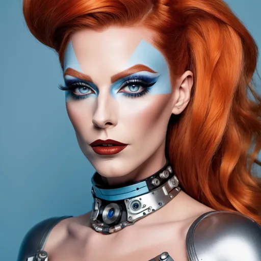 Prompt: A gorgeous 35-year-old German drag queen visible upper body and thighs, featuring a mix of human and robotic elements. Her (masculine jawline and brow) facial details are sharp, with a neutral expression and blue eyes. She has dark eyeshadow and dark red lipstick. She has long, straight orange hair that partially covers her face. She is wearing a light blue, fitted bodysuit with metallic, robotic arms and legs that show mechanical joints and components and 8 inch stiletto heels. The suit has signs of wear, including blemishes and scratches. Her pose is dynamic, with one leg raised and an arm resting against a structure. Exposed skin is visible at the upper thighs. The background is a muted, industrial setting with a cloudy atmosphere. The mood is serious, and the lighting is soft, contributing to a cool and futuristic ambiance.