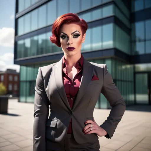 Prompt: Gorgeous, sophisticated, muscular, 25-year-old British drag queen bodybuilder with short sassy stylish dark red hair dressed in a (tailored suit), standing confidently in front of a modern building, (urban environment), visionary atmosphere, (photorealistic), sharp focus, bright daylight illuminating the scene, emphasizing the structure and sign, inviting ambiance, high quality image, (4K), capturing a dynamic blend of professionalism and ambition.