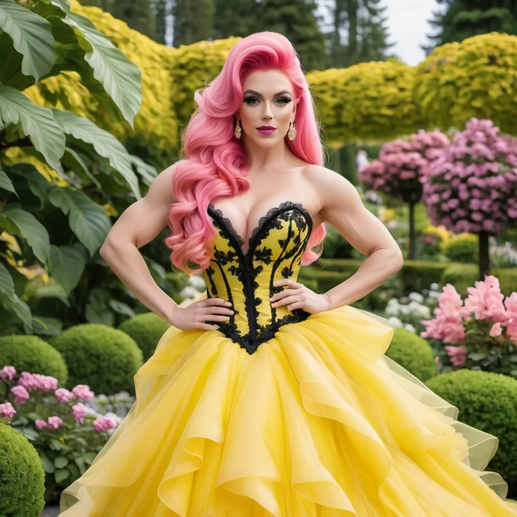 Prompt: Gorgeous ultra-muscular 25-year-old Swedish drag queen bodybuilder with huge busom and pink hair in a yellow mermaid wedding dress that has black lace appliques on the widest parts of the dress, but not on the top. Posing in a beautiful botanical garden.