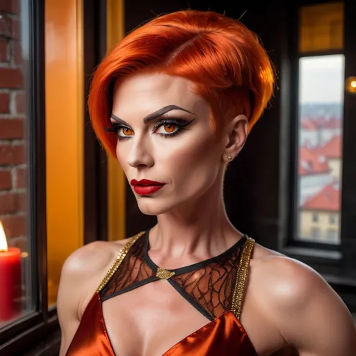 Prompt: Gorgeous muscular 35-year-old European stylish drag queen (strong masculine jawline and brow features) with short sassy orange hair, dark eyeshadow and dar red lipstick.  wearing highly textured short buttoned red satin minidress and skin colored hosiery. Prague seen in distance through window.  red, gold, yellow  and black tones, blazing fireplace, richly detailed facial features, realistic oil painting, detailed , vintage detective style, warm, moody lighting, detailed clothing,  detailed buttons and fireplace, high quality, realistic, vintage, warm lighting