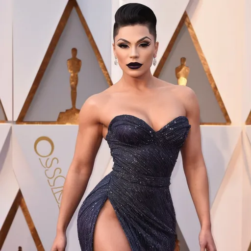 Prompt: Gorgeous thicc muscular 25-year-old Slovenian drag queen (very strong masculine jawline and brow features) with large busom wearing a beautiful stylish multi-fabric gown with long train, 8 inch stiletto high heel shoes.  Dark eyeshadow and dark lipstick. Walking the red carpet at the Oscars.