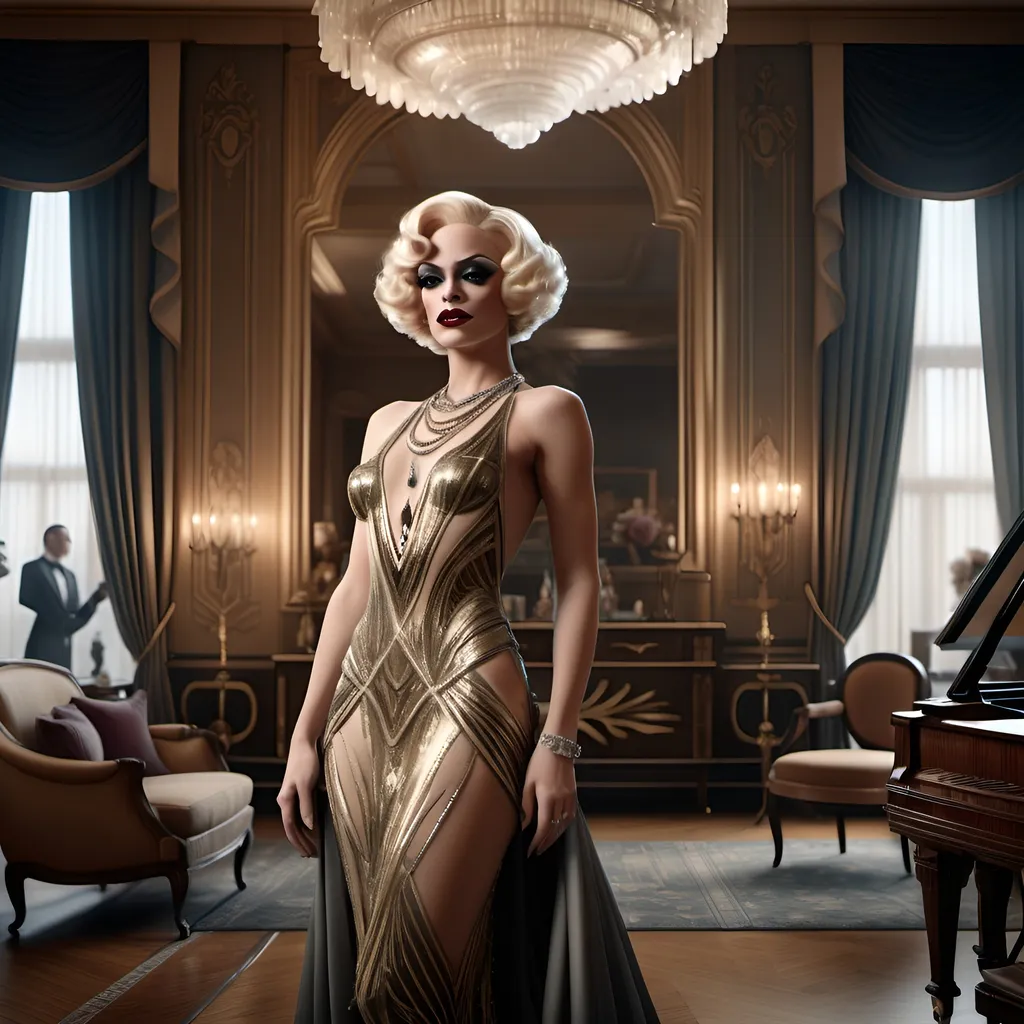 Prompt: A stunning, cinematic gigapixel photo masterfully blending photography and digital art, enhanced by the power of Unreal Engine 5 and NVIDIA Ray Tracing technology. The scene transports us to a luxurious drawing room in the 1920s, where a gorgeous, muscular, young, French drag queen in an exquisite, flowing dress stands amidst opulent furnishings and intricate details. She has a beautiful, yet strong masculine jawline and brow. She holds a delicate fan, her thoughtful and melancholic expression hinting at the complex social games and intrigues of the era. The composition captures the glamour and elegance of the time, with a focus on the detailed interiors and her subtle facial expressions, reflecting the layered emotions and societal expectations of her during that time., cinematic, photo, fashion