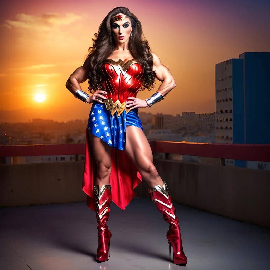 Prompt: (Gorgeous ultra-muscular Greek drag queen bodybuilder wearing wonder woman dress and 8 inch stiletto high heel boots) age 25 years old, professional photo, vivid colors, studio lighting, hyper detailed, HDR, bokeh, long silk hair, full body, perfect anatomy, beautiful face ,Sunset background, highly realistic, ultra-detailed, 8K, high quality.