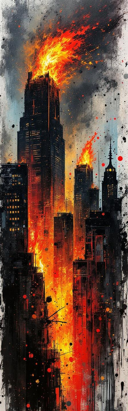 Prompt: Graffiti, splatter painting of a burning city destroyeds by a burning horror Phoenix