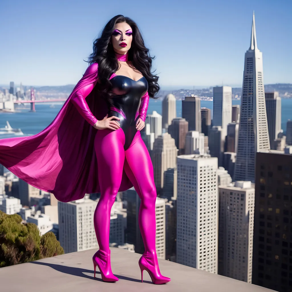 Prompt: Gorgeous muscular 25-year-old Superhero called SuperDrag Queen wearing pink tights, magenta cape and pink stiletto high heel boots, she has long very wavy black hair, dark eyeshadow and dark lipstick. She's hovering over San Fransisco, strong pose. 