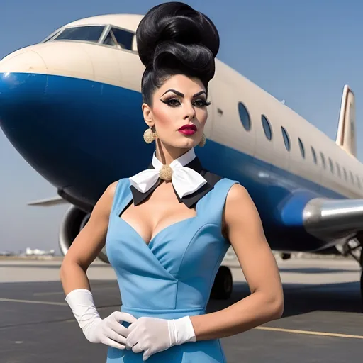 Prompt: Gorgeous ultra-muscular 25-year-old Persian hour glass figured drag queen (strong masculine jawline and brow facial features), with large busom and ridiculously long wavy black updo bun hairstyle dressed as a 1960s stewardess,  passenger plane in background. Full length photography. 