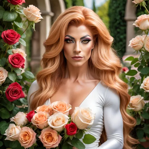 Prompt: Create a portrait of a gorgeous muscular 25-year-old Italian drag queen bodybuilder with long, flowing strawberry-blonde hair, wearing a white dress and holding a bouquet of roses. The background should be a beautiful garden scene with lush greenery and vibrant flowers.