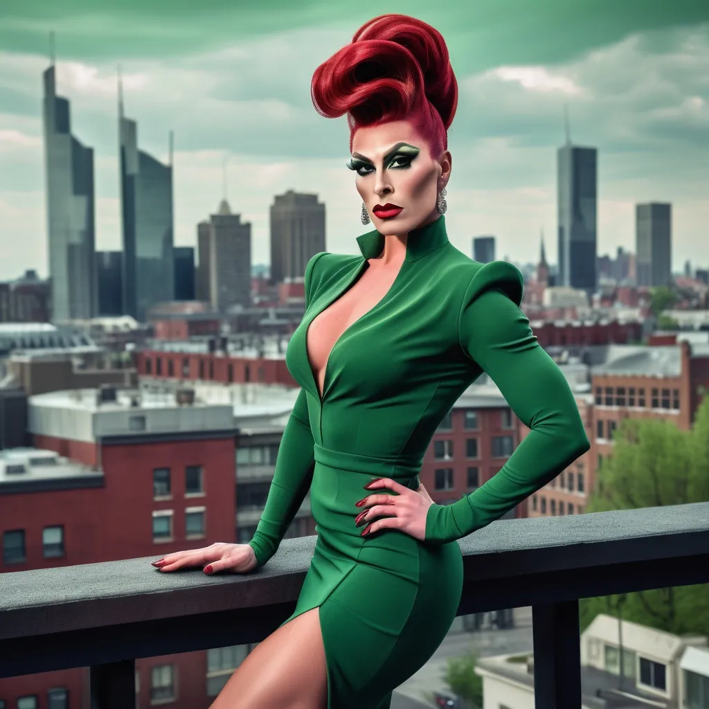 Prompt: Gorgeous muscular 25-year-old Belgian drag queen (strong masculine jawline and brow) with very long dark red tight updo hair in a green outfit and 8 inch stiletto high heel shoes, with a cityscape background, Erlund Hudson, transgressive art, promotional image, a character portrait