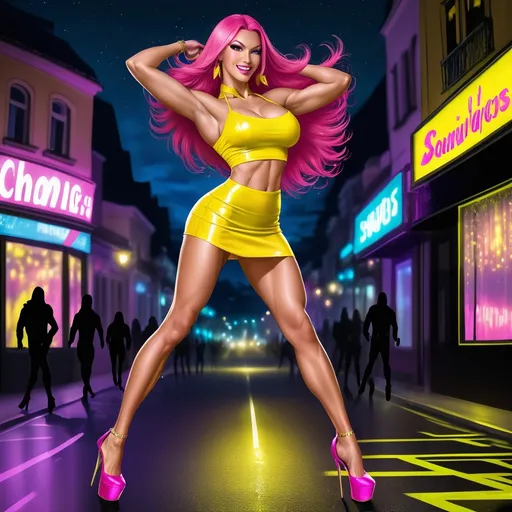 Prompt: Tall gorgeous ultra-muscular 25 years old Romanian goddess bodybuilder wearing eight inch stiletto high heel shoes,  yellow mini skirt, yellow halter top, ridiculously long straight shiny pink hair while dancing in the streets at night smiling 