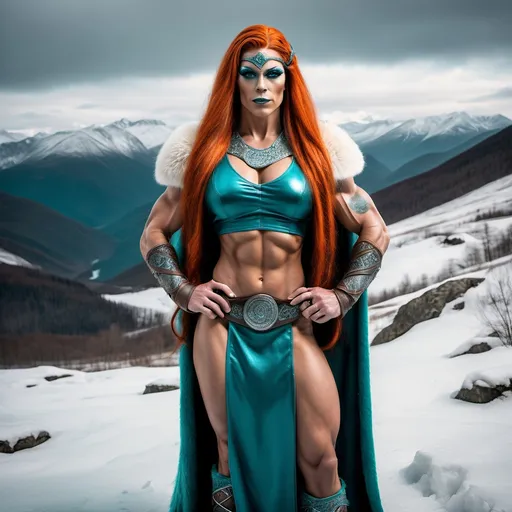 Prompt: Wide angle. Entirely pure teal fured, a gorgeous muscular 35-year-old Asgardian Viking drag queen bodybuilder. Dark orange long hair and fade glossy almond eyes. fur made of pure teal braids. The most gorgeous of all. Viking style. White mountains background. Full body view. award winning photography. hyper realistic photography, Goldsmithery, Goldsmith's work, Hyper detailed, light effects, fire like engravings, Dramatic light. Hyper realistic, hyper intricate, gold and metal, 3/4 view, 8k, Full-body shot, Full-body view. Gold jewelry, 8k, hyper detailed, high quality, photo realistic. Extremely detailed and intricate, Award winning photography. Artistic shot.