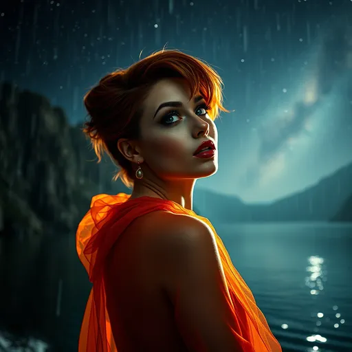 Prompt: epic masterpiece, at (night:1.8) with (hyper detailed:1.5), gorgeous, 25-year-old, Polish drag queen supermodel, looking at camera, dark orange hair, dark eyeshadow and dark red lipstick, Insanely detailed, backlit, bokeh, face turned upwards to the sky, blushing lightly with mouth open, she has an orange diaphanous flowing transparent long shawl draped about her shoulders and upper arms, midnight, a calm lake in ((pouring rain:1.4)), surrounded by high cliffs covered in shadows, breathtaking starry night sky, galaxies, nebula, tiny fireflies floating in the air, 8k photo, HDR, masterpiece, fine details, natural beauty, breathtaking, captivating, fine details, sharp, very detailed, high resolution, close up, taken with a Hasselblad H6D-100c, Hasselblad Zeiss Sonnar F 150mm f/2.8 lens, Godox SK400II Professional Compact 400Ws Studio Flash, sharp focus, fine details, 5 flash set up, Ring light for catchlight eyes, Award winning photography, pro lighting, realistic, realism