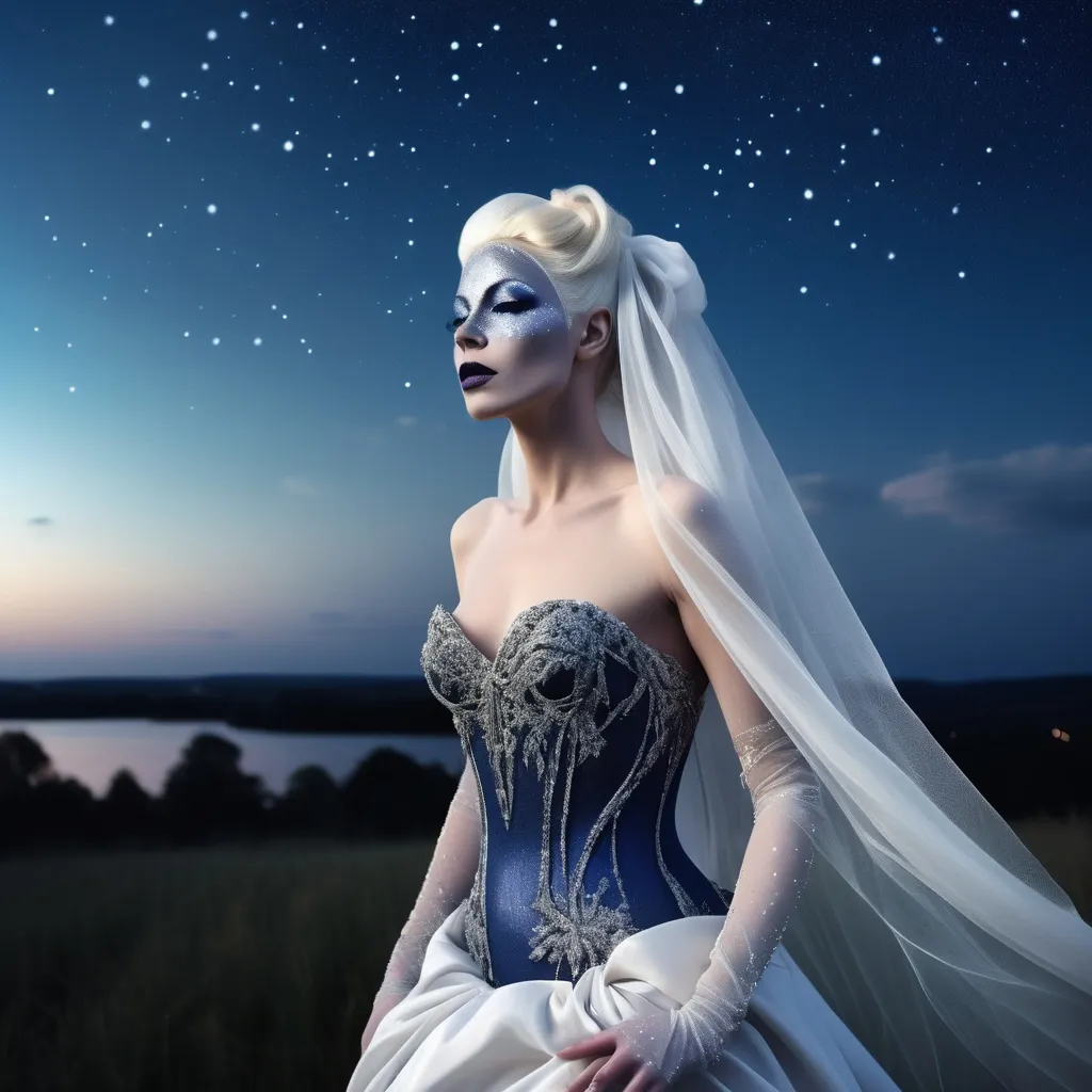 Prompt: (beautiful white Swedish drag queen) walking gracefully under a starlit sky, (melancholic mood), deep indigo and shimmering silver tones, soft ethereal glow, a delicate veil of night softly surrounding her, gentle whispers of a cool breeze, capturing a moment of quiet elegance, (highly detailed), enchanting landscape in the background, timeless and romantic atmosphere.