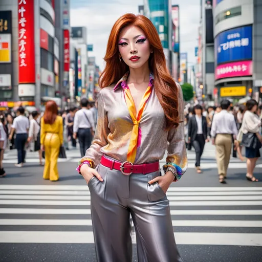 Prompt: Glamorously beautiful Japanese drag queen fashion model standing in Shibuya Crossing Tokyo, flawless face, long auburn hair, (gray eyes), curvaceous figure, wearing brightly colored silk blouse, linen slacks, leather sandals, natural light, (photorealistic), high-res, depth of field, cinematic, soft shadows, vibrant colors, chic fashion, bustling energetic atmosphere, modern Tokyo background, ultra-detailed, award-winning quality, professional photo, studio lighting.