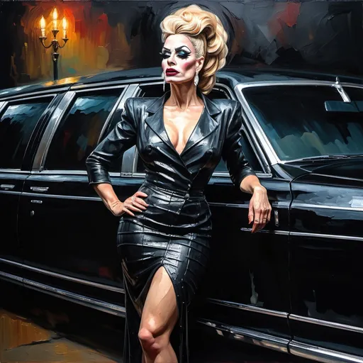 Prompt: (thick impasto oil painting), gorgeous yet sad 35-year-old French drag queen (in tight black skirt), leaning against a long black limousine car, profile view, looking to one side, rich texture of thick bumpy paint strokes, dramatic lighting, moody ambiance, emotional depth, high detail and color contrast, evocative scene, sophisticated background.