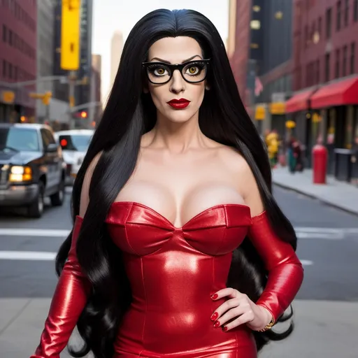 Prompt: (Location New York City) Homer Simpson dressed as an hyper-realistic 25-year-old gorgeous drag queen with very long black shiny hair, dark eye makeup, 
and dark red lipstick, wearing Red framed horn rimmed glasses with bright reflections on the lenses, and red and black layered blouse and skirt. using only black, red, and white.  8 inch stiletto high heel shoes. Walking the streets of NYC in a snow storm.