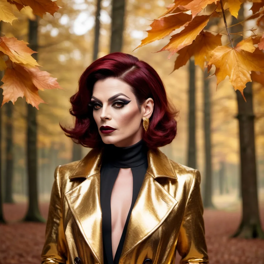 Prompt: Beautiful French drag queen, 35-year-old, dark red hair, in autumn forest in gold long fashion coat, dark eyeshadow and dark lipstick,  very strong masculine jawline and brow,.