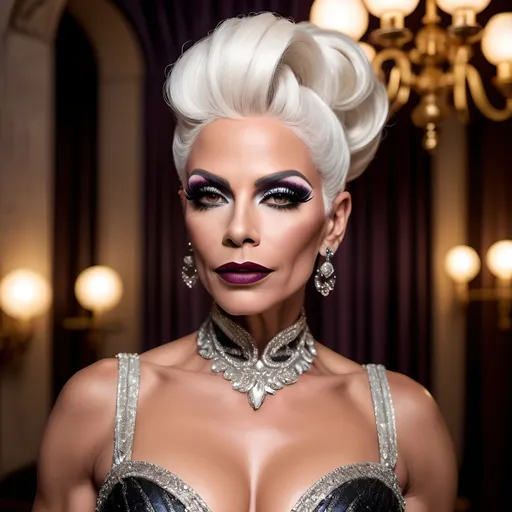 Prompt:  Gorgeous muscular 45-year-old Portuguese drag queen with white updo hair, dark eyeshadow,  dark lipstick, wearing a (elegant dress), (stylish fabric), flowing design, intricate details, luxurious texture, vibrant colors, warm ambiance, (graceful draping), exquisite embellishments, soft lighting, enchanting atmosphere, rich patterns, HD, ultra-detailed, stunning visual composition, ideal for fashion showcase, inviting elegance