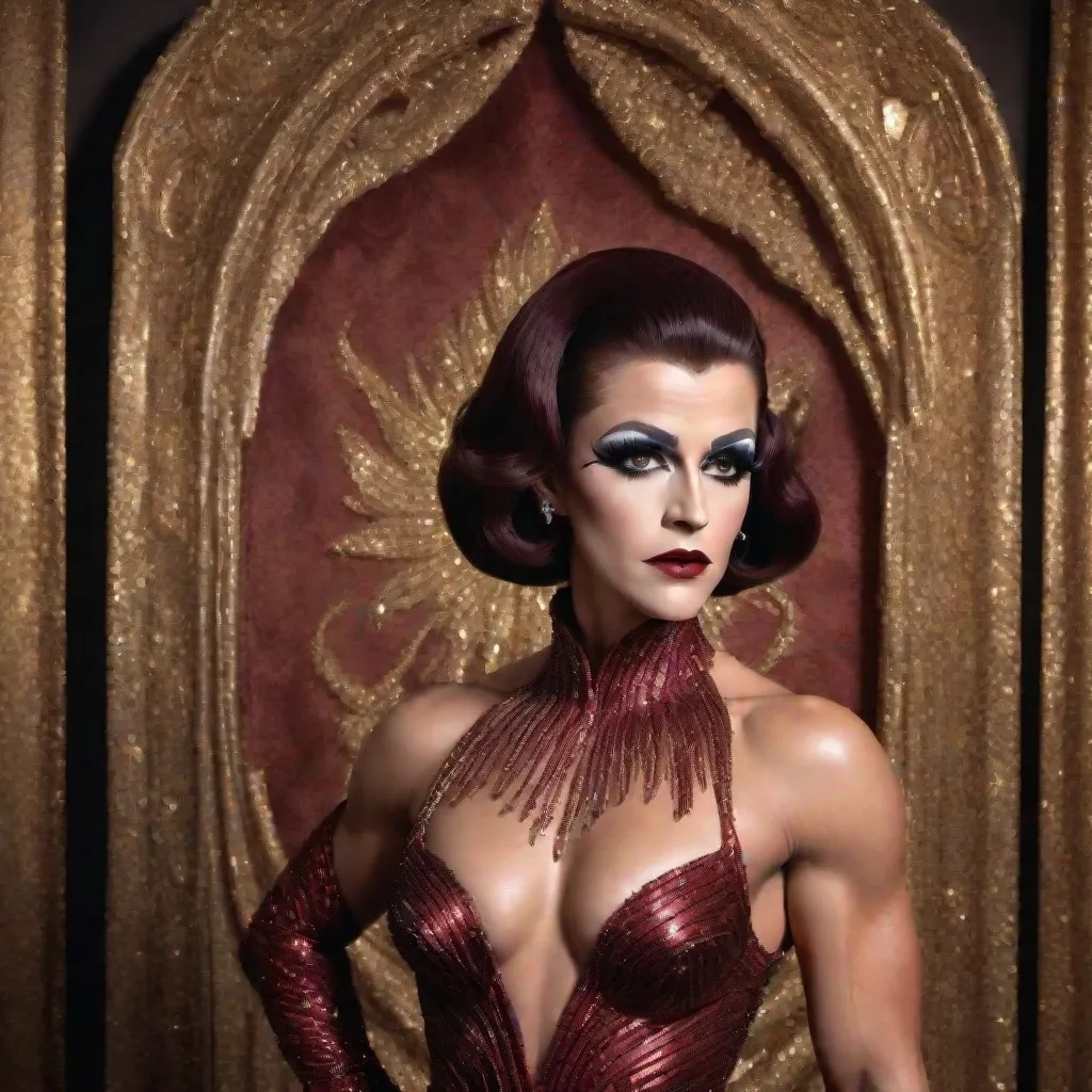 Prompt: image of Mel Gibson dressed as a (muscular body) gorgeous 25-year-old Czechian drag queen wearing a flamboyant, yet conservative Bob Mackie designer Gown, very well endowed, dark heavy eye makeup,  dark red lipstick, hyper-realistic quality, ultra-detailed 4K imagery.