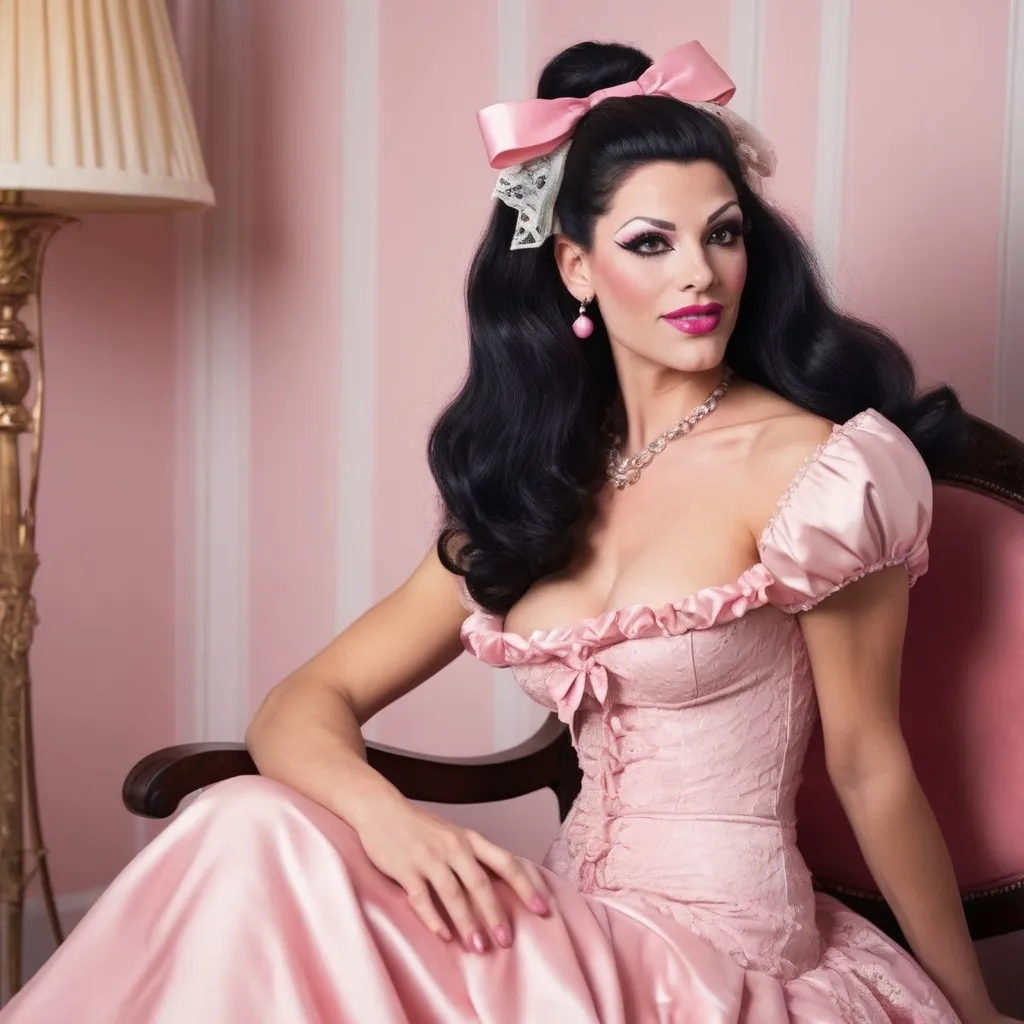 Prompt: Gorgeous muscular Brunette 25-year-old Swiss drag queen elegantly poised, her extremely long wavy black hair adorned with soft pink bows, in dainty pigtails; a radiant smile accentuating her visage, attired in vintage pink lace dress complemented by black shoes and pink stockings. Gracefully sitting in a gentle, feminine room, hands cradling her chin, under the light of a softly glowing sun light.modern fashion, luxury setting