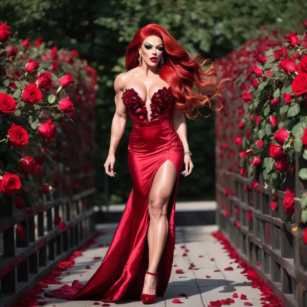 Prompt: Gorgeous ultra-muscular 25-year-old Czechian drag queen bodybuilder with ridiculously long wavy red hair (((blowing in the wind))), wearing long red rose gown and 8 inch red stiletto high heel shoes, dark eyeshadow, dark lipstick,  walking a path made of rose petals.