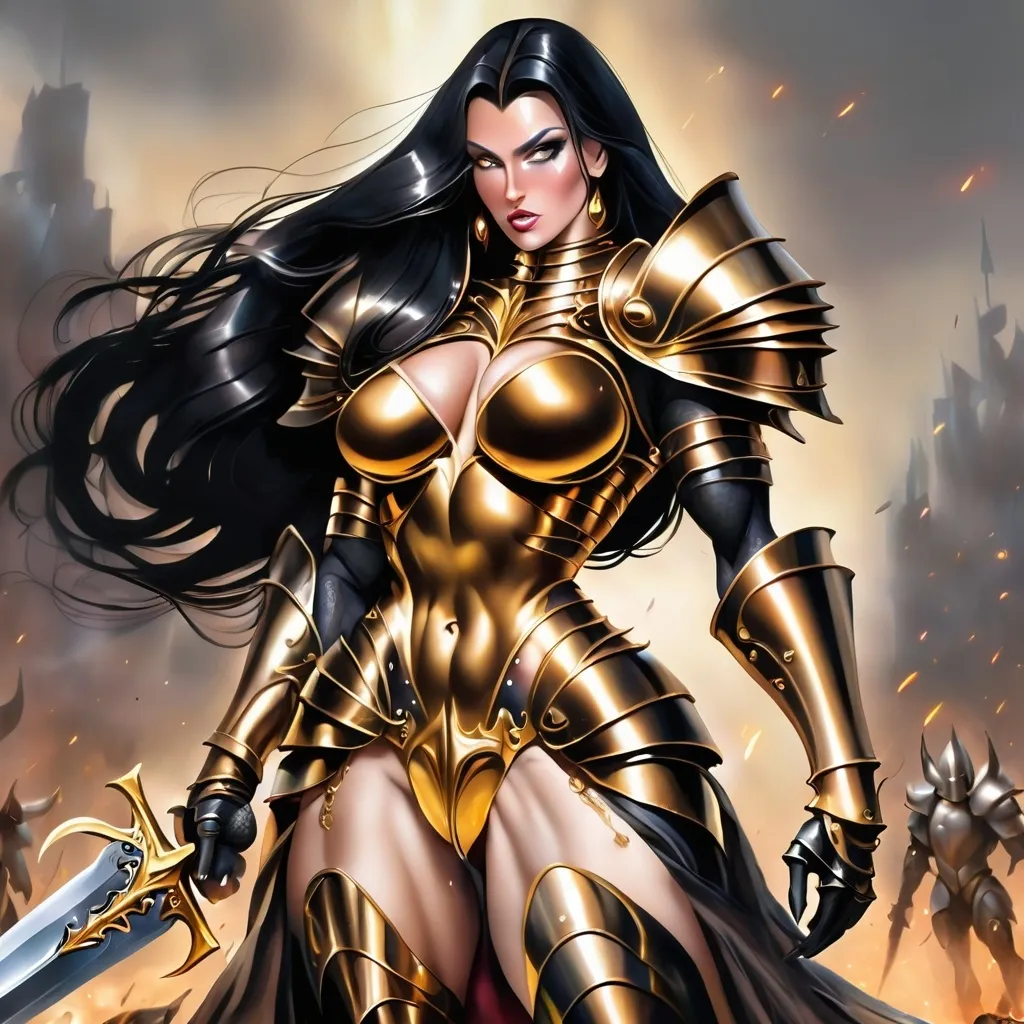 Prompt: Gorgeous ultra-muscular 25-year-old Baltic drag queen bodybuilder Warlord with large busom and long black shiny hair, wearing gold and bronze armor, 8 inch stiletto high heel armored boots, and carrying a golden longsword into a battle with demons.