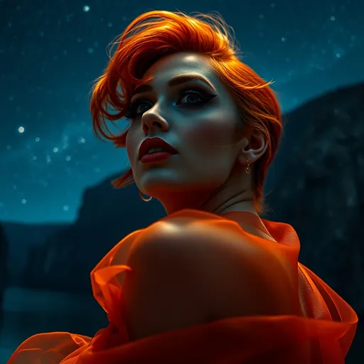 Prompt: epic masterpiece, at (night:1.8) with (hyper detailed:1.5), gorgeous, 25-year-old, Polish drag queen supermodel, looking at camera, dark orange hair, dark eyeshadow and dark red lipstick, Insanely detailed, backlit, bokeh, face turned upwards to the sky, blushing lightly with mouth open, she has an orange diaphanous flowing transparent long shawl draped about her shoulders and upper arms, midnight, a calm lake in ((pouring rain:1.4)), surrounded by high cliffs covered in shadows, breathtaking starry night sky, galaxies, nebula, tiny fireflies floating in the air, 8k photo, HDR, masterpiece, fine details, natural beauty, breathtaking, captivating, fine details, sharp, very detailed, high resolution, close up, taken with a Hasselblad H6D-100c, Hasselblad Zeiss Sonnar F 150mm f/2.8 lens, Godox SK400II Professional Compact 400Ws Studio Flash, sharp focus, fine details, 5 flash set up, Ring light for catchlight eyes, Award winning photography, pro lighting, realistic, realism