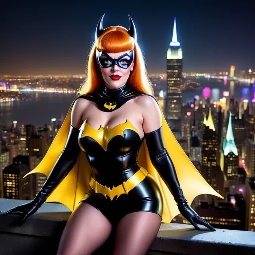 Prompt: Peter Griffin dressed as a 25-year-old gorgeous drag queen Batgirl posing on the ledge of a building, high above Gotham.