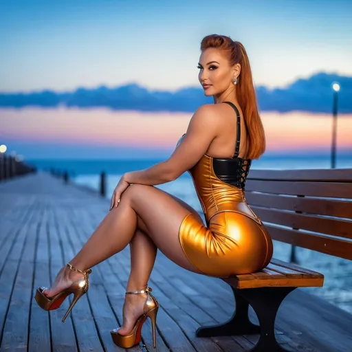 Prompt: UHD, 64K, professional photo portrait of a gorgeous ultra-muscular 22 years old Finnish goddess bodybuilder with huge busom D Cup, view from behind, she wears luxury bronze tight latex corset and latex skirt, she is sitting on the boardwalk bench at the beach at dusk, dominatrix make up, irresistible pose, tight burnt orange hair bun, beloved smile, hourglass figure, 8 inch stiletto high heel shoes