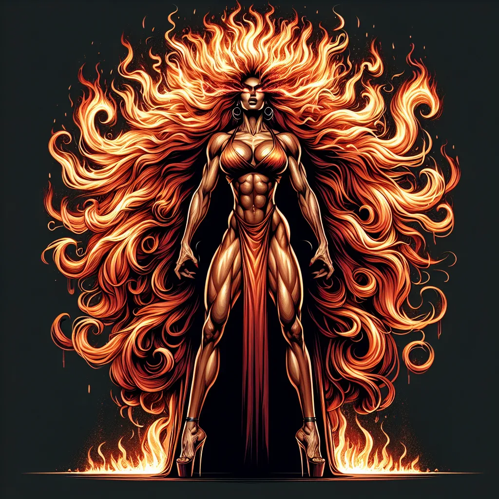 Prompt: Gorgeous ultra-muscular 25-year-old Czechian female goddess bodybuilder, with  ridiculously long flaming fiery hair, {{ultra definition, concept art, cinematic, epic 4K masterpiece} a goddess of fire, fiery hair, fieryb eyes, surrounded by fire, tall and evil,
{clothes] red fiery dress,
mythology, full body, 8 inch stiletto high heel shoes, highly detailed, digital photography, artstation, concept art, smooth, sharp focus, illustration, 4k,