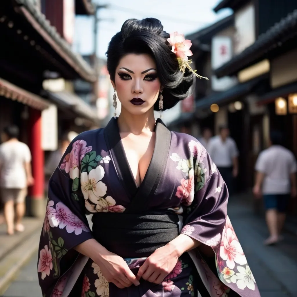 Prompt: Gorgeous muscular 25-year-old Japanese drag queen bodybuilder (dark eyeshadow  and dark lipstick) with huge busom walking down the high street, detailed clothing, realistic, natural lighting, photorealistic, Japanese flower design on her kimono. Black hair in traditional Japanese style. 