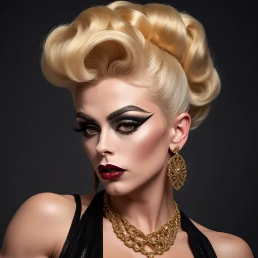 Prompt: Imagine James Dean dressed up as a gorgeous ultra-muscular 25-year-old drag queen bodybuilder wearing a gold necklace and earrings on her head, wearing a black dress and a gold necklace and 8 inch stiletto high heel shoes, dark eyeshadow and dark redlipstick, regal, a character portrait