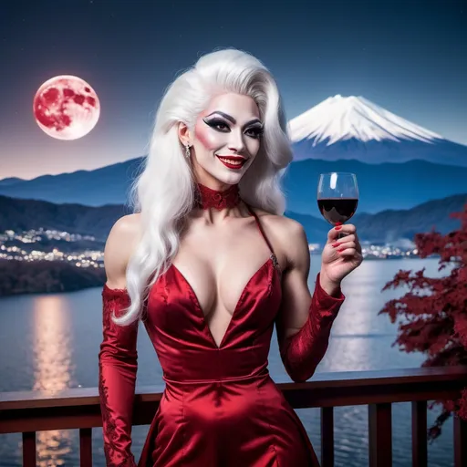 Prompt: Gorgeous muscular 25-year-old Greman drag queen (with strong masculine jawline) in a red gown, white hair, drinking blood wine at the balcony. She smiles in content and pleasure. Gothic style. Full moon. Lake Ashi with clear mount Fuji in the background. Winter time.