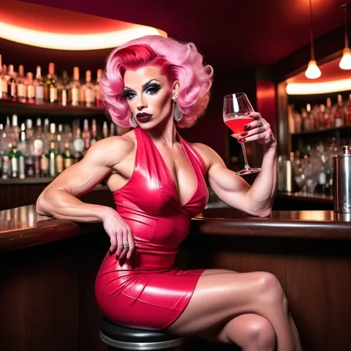 Prompt: A gorgeous ultra-muscular 25-year-old Scottish drag queen bodybuilder wearing a red short dress with very short wavy bright pink hair and dark red lipstick and silver 8 inch stiletto high heels sitting at a luxurious bar drinking a martini