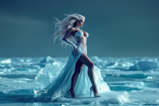 Prompt: 25-year-old gorgeous muscular Serbian drag queen bodybuilder with huge busom and long flowing hair of ice, wearing a long flowing gown made of ice, ice choker, ice jewelry, and 8 inch stiletto high heel shoes of ice dancing on iceberg. Frozen ocean waves background.