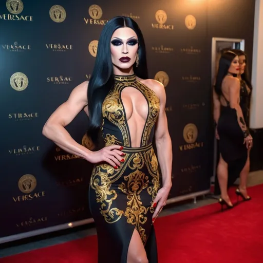 Prompt: Gorgeous elegant muscular 25-year-old drag queen with long straight shiny black hair, wearing a beautiful Versace designed dress and 8 inch stiletto high heel shoes,  dark smokey eye shadow, Dark red lipstick.  Walking the red carpet.