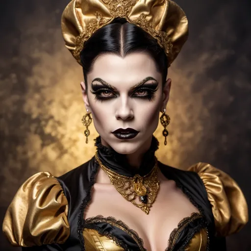 Prompt: elegant gorgeous muscular young vampire drag queen in gold and black tones and victorian dress