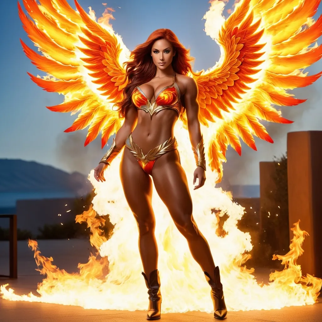 Prompt:  a flaming phoenix hovers overtop a 25-year-old muscular goddess. The 25-year-old goddess has clothes made of flames from the Phoenix and looks like a phoenix as a 25-year-old goddess. Full length. Muscular. Large busom.