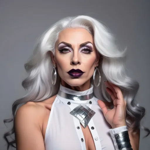 Prompt: (futuristic), gorgeous muscular 35-year-old French drag queen (big busom, dark lipstick, 
full lips, drag queen facial features) in a (white unique buttoned shirt with ,unique gray miniskirt) (white  long hair) ,silver shining  aesthetic wall, ,(fashion photography),(artistic shot),  contemporary fashion shoot, character portrait,led light accents, innovative design elements, ,vibrant color contrasts, artistic composition, high-quality, ultra-detailed, expressive pose, unique style, modern aesthetic.
