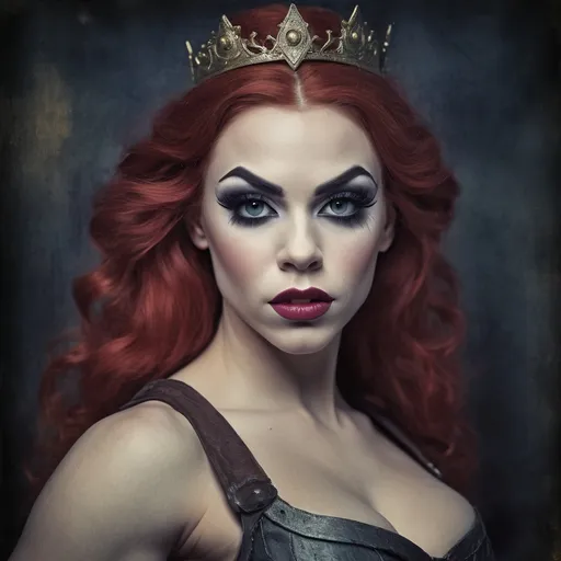 Prompt: Grunge medieval Gorgeous 25-year-old Daphne Blake drag queen bodybuilder (strong drag queen facial features), impasto, old picture effect, whimsical, highres, detailed, medieval, impasto, old picture effect, grunge, Snow White, fairy tale, dark tones, atmospheric lighting