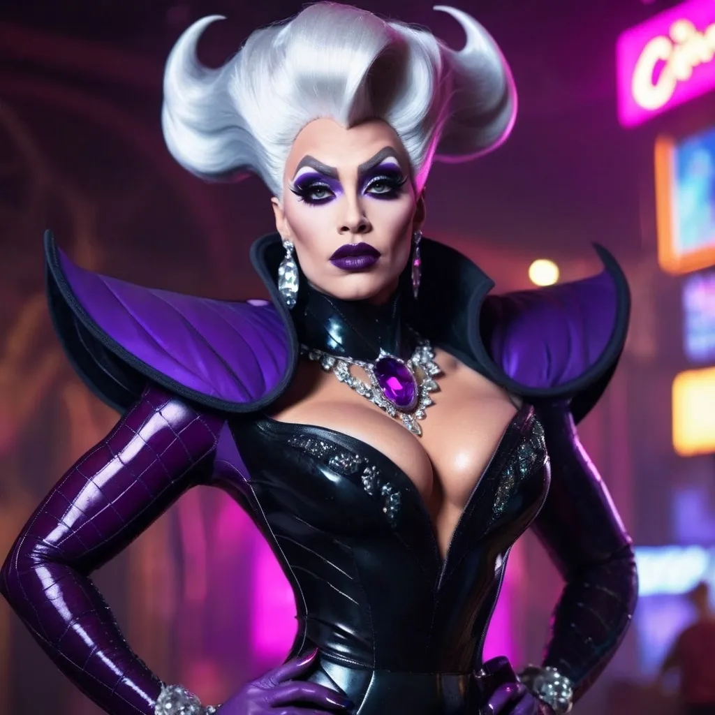 Prompt: Gorgeous muscular cyberpunk drag queen (Disney's) Ursula, great legs, crystal high heels,  dark lipstick.