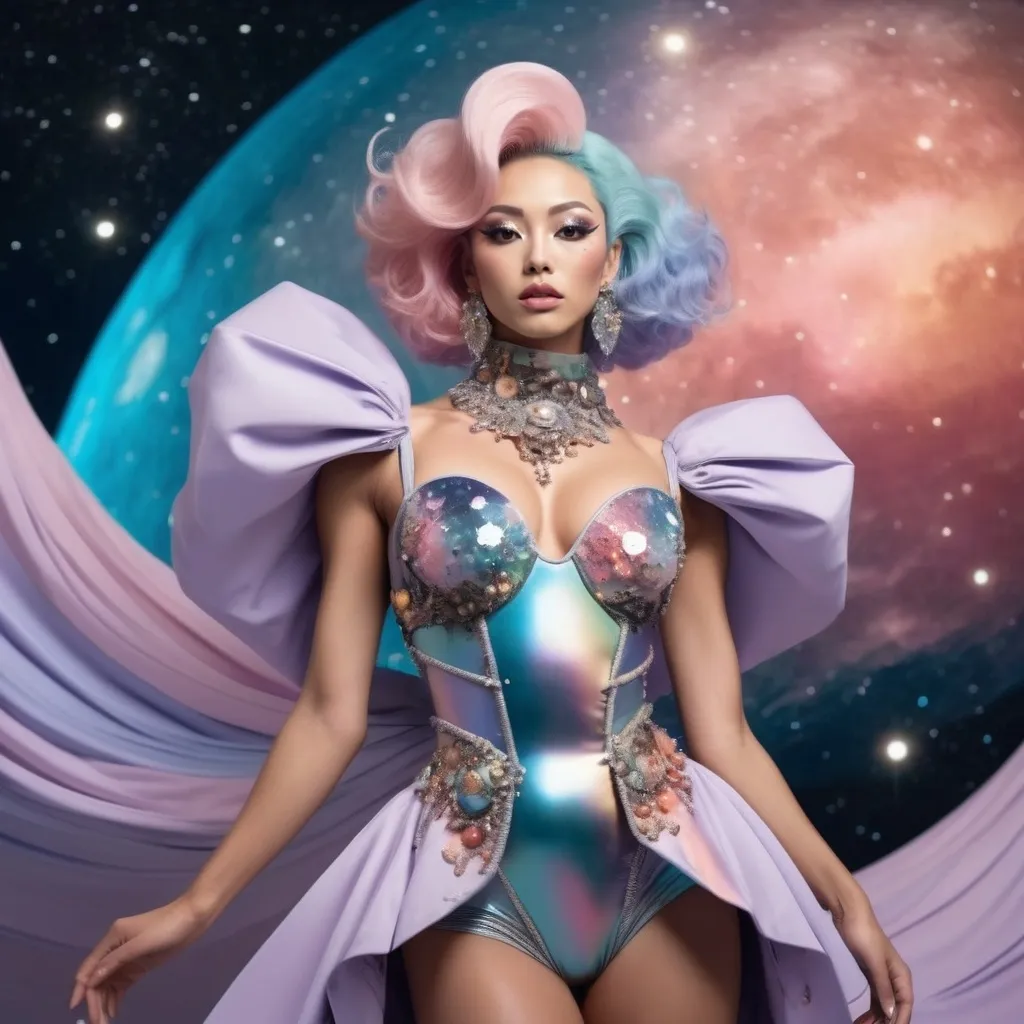 Prompt: Gorgeous muscular 25-year-old Japanese drag queen bodybuilder with large busom, 
wearing (Miu Miu Space dress), elegant fashion design, futuristic style, playful shapes, ethereal textures, celestial colors, muted pastel tones contrasted with metallic accents, detailed embellishments, floaty silhouette, dreamy atmosphere, high fashion photography, ultra-detailed, captivating backdrop of a starry night sky, surrounded by cosmic elements, (4K), (trendy and chic).