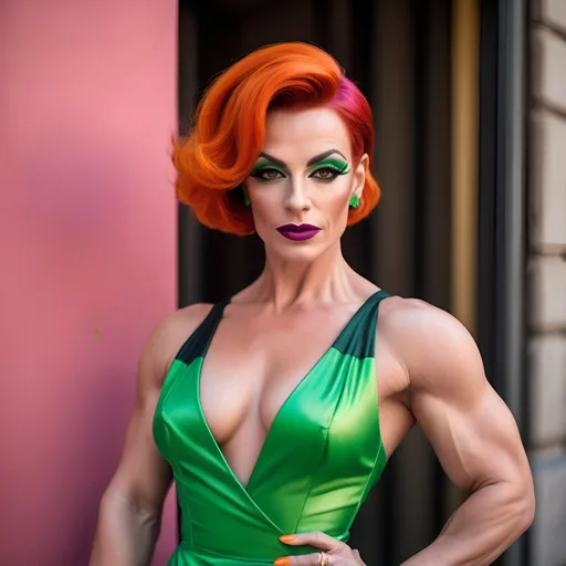 Prompt: A gorgeous muscular 35-year-old French drag queen bodybuilder with short sassy dark orange hair, dark eyeshadow, and dark lipstick, wearing (Spritz Aperol dress)  a fashionable dress inspired by the vibrant hues of the classic cocktail, (bright green and vivid pink colors), elegant and stylish design, summery vibe, refreshing aesthetic, delicate fabrics that mimic liquid flow, ambient lighting casting warm glows, ultra-detailed, 4K quality, playful and lively atmosphere, ideal for summer outings or gatherings, showcasing a sense of joy and celebration.