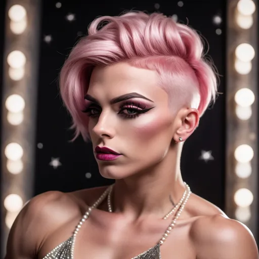 Prompt: Gorgeous ultra-muscular 25-year-old Czechian drag queen bodybuilder (masculine jawline and brow features) with short spiked pink hair wearing a pearl colored flowy gown, dark eye shadow, heavy mascara, and dark red lipstick, staring at the stars in the sky and feeling content.