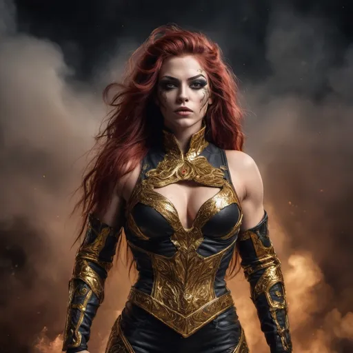 Prompt: Provide A full body, 4k resolution, photo of a gorgeous ultra-muscular 25-year-old Swedish drag queen bodybuilder with extra long dark red hair (((blowing in the wind))) wearing warriors. Black and gold armor, fighting of an ancient evil.