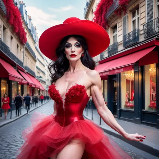 Prompt: A painting of an elegant, high-fashion gorgeous, muscular 35-year-old (caucasian) French drag queen bodybuilder with black hair in (elegant red floppy hat) and a (flowing red layered tulle dress) poses gracefully on a charming Parisian street, (vibrant colors) and (soft, romantic lighting) enhance the enchanting ambiance. The background features iconic Parisian architecture, with (cobblestone pavement) and (blooming flowers) that evoke a (dreamy, idyllic atmosphere). The scene captures the essence of elegance and charm, expressed in (ultra-detailed HD).