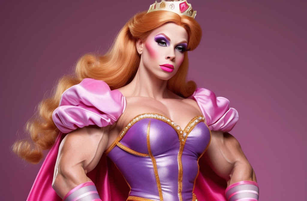 Prompt: Make an image of "sleeping beauty "Aurora"" as a Czechian drag queen bodybuilder. Aurora is a beautiful young drag queen bodybuilder of 24 years old. She has strawberry-blonde hair that reaches her waist. Depict her as a crusader who helps weak citizens in their digital skills. She likes to wear pink & lavender 14th Century style dress, tight leggings, dark eye makeup,  dark lipstick and 8 inch stiletto high heel shoes.