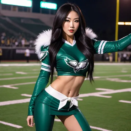 Prompt: Gorgeous ultra-muscular 25-year-old Chinese goddess with huge busom and long straight black hair dressed as a Philadelphia Eagles Cheerleader wearing eight inch stiletto thigh-high high heel boots and dancing on a football field at night.