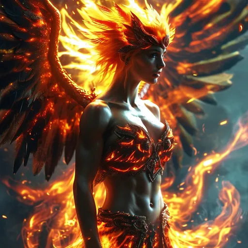 Prompt:  a flaming phoenix hovers overtop a 25-year-old muscular goddess. The 25-year-old goddess has clothes made of flames from the Phoenix and looks like a phoenix as a 25-year-old goddess. Full length. Muscular. Large busom.